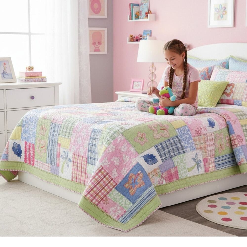 Pottery Barn Kids Hawaiian Floral Patchwork Quilt Pastel Comforter Twin